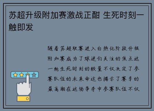 苏超升级附加赛激战正酣 生死时刻一触即发