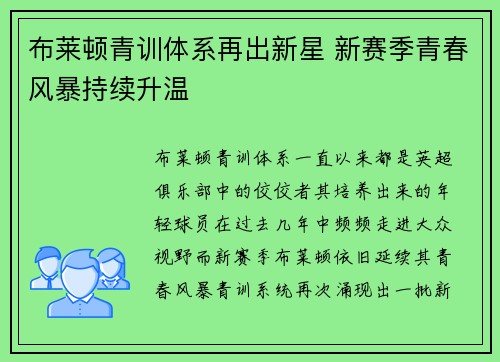 布莱顿青训体系再出新星 新赛季青春风暴持续升温