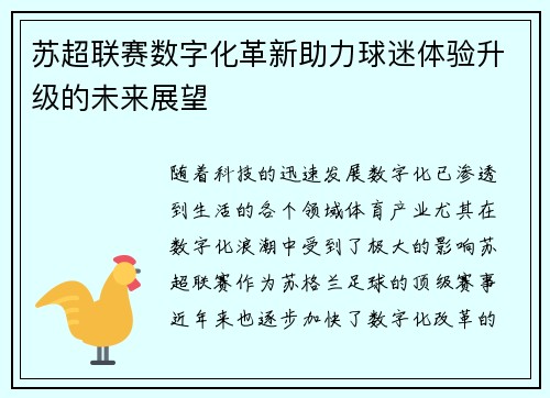 苏超联赛数字化革新助力球迷体验升级的未来展望